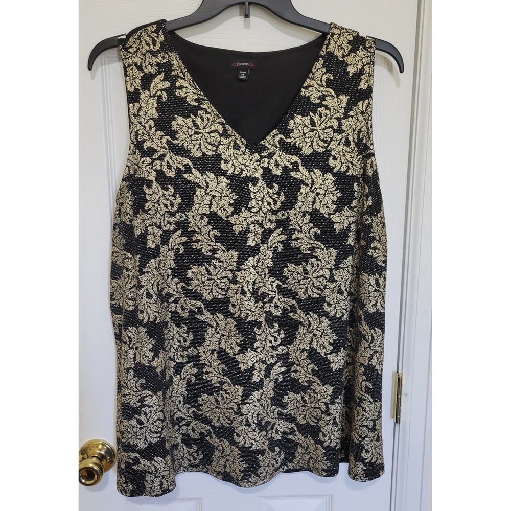 Cocomo Womens 2X Gold Metallic Damask Lace V-Neck Sleeveless Blouse Black Top